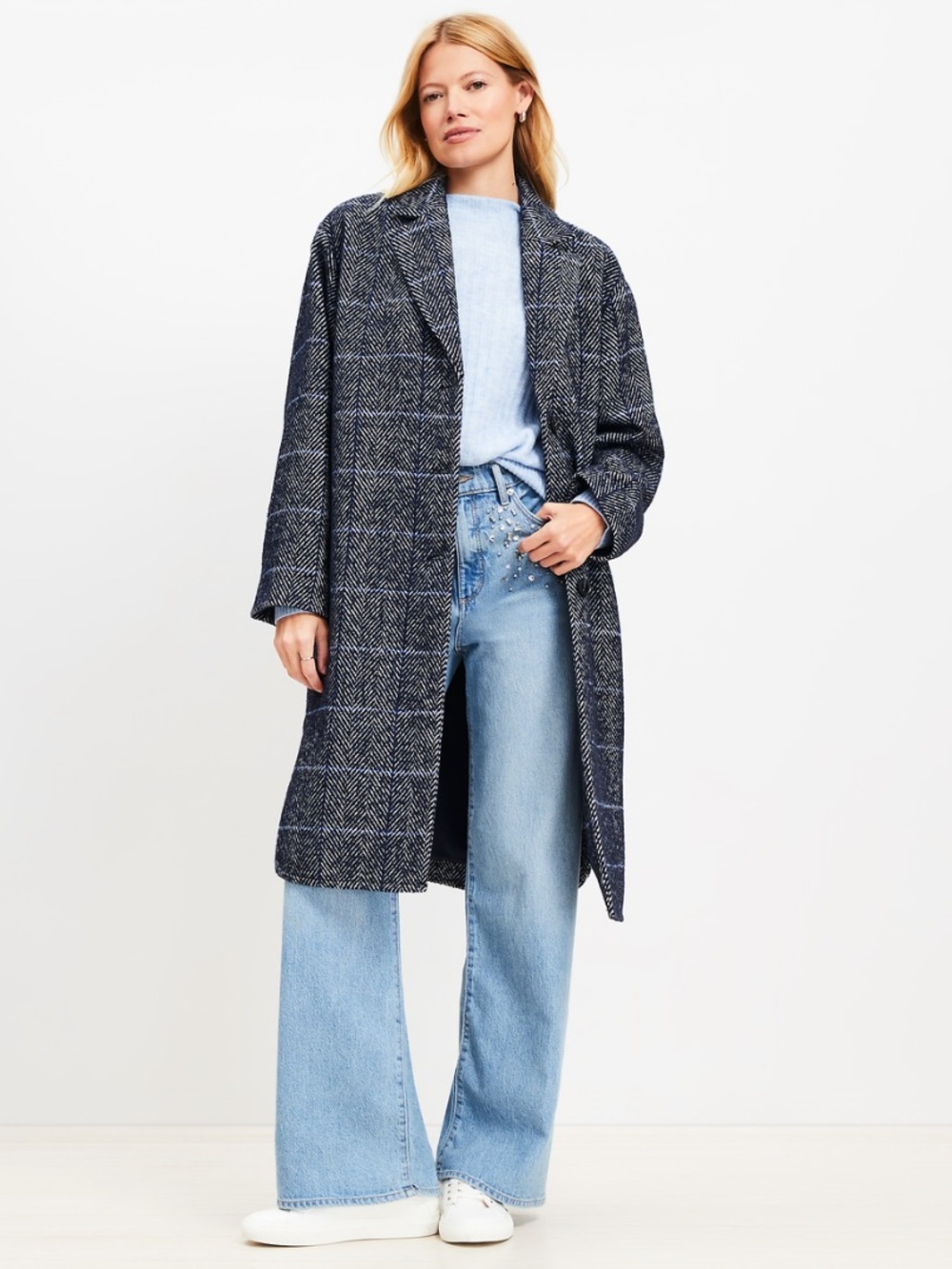 LOFT Herringbone Plaid Modern Coat Fall 2024 Navy XLP